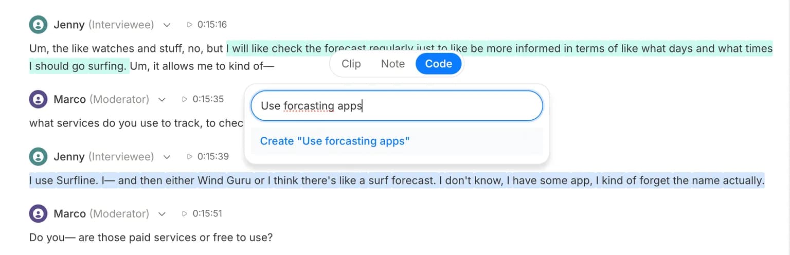 Code transcript text