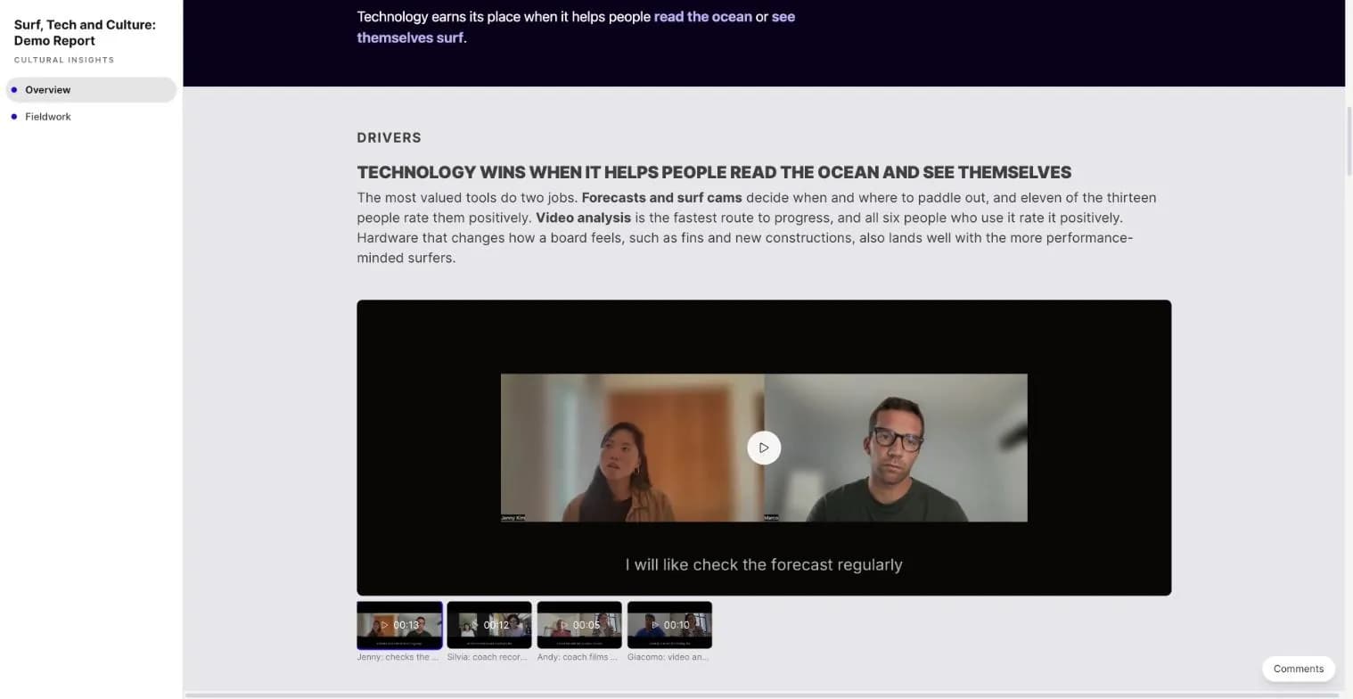A Quallie.Ai report section with a subtitled participant clip